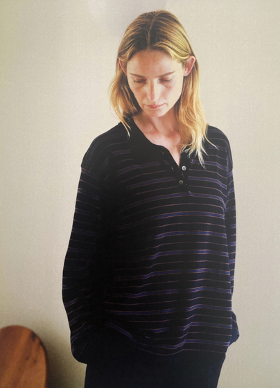 Long Sleeve Stripe Cotton Polo in Dark Navy with Brown