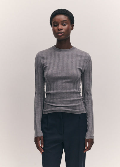 Arklow Extrafine Merino Ribbed Crewneck in Grey