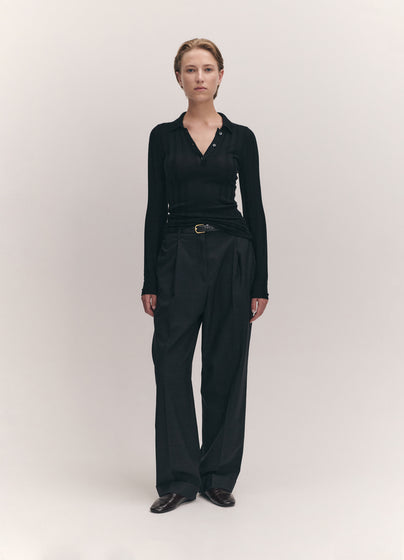 Arklow Extrafine Merino Ribbed Polo Shirt in Black