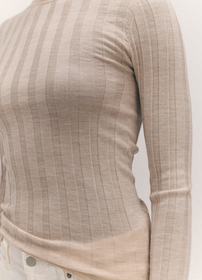 Arklow Extrafine Merino Ribbed Crewneck in Oatmeal