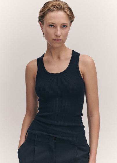 Tierna Fine Rib Merino Tank in Dark Navy