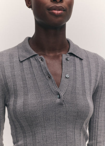 Arklow Extrafine Merino Ribbed Polo Shirt in Grey