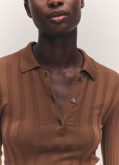 Arklow Extrafine Merino Ribbed Polo Shirt in Hazelnut