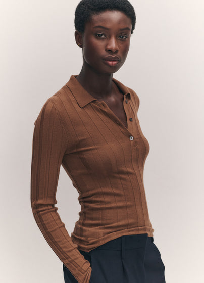 Arklow Extrafine Merino Ribbed Polo Shirt in Hazelnut