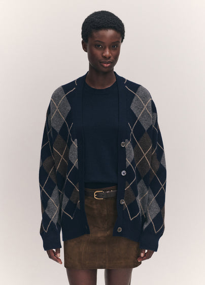 Ava Argyle Cardigan in Navy with Brown