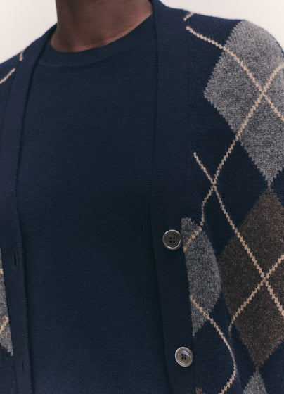 Ava Argyle Cardigan in Navy with Brown