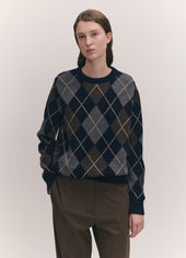 Ava Argyle Crewneck in Navy with Brown