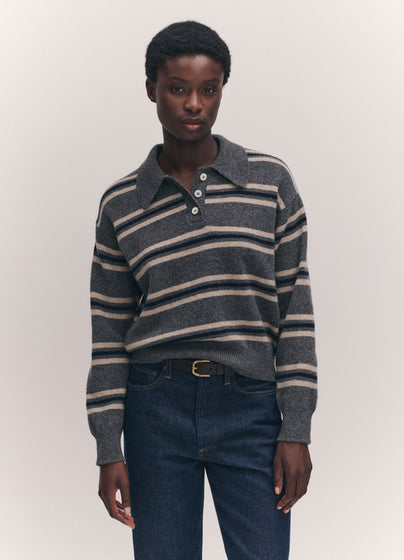 Edie Stripe Polo Shirt in Grey Multi