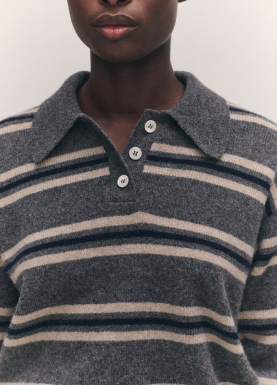 Edie Stripe Polo Shirt in Grey Multi
