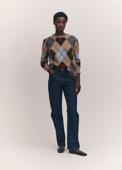 Ava Argyle Crewneck in Dark Natural with Burgundy