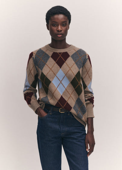 Ava Argyle Crewneck in Dark Natural with Burgundy