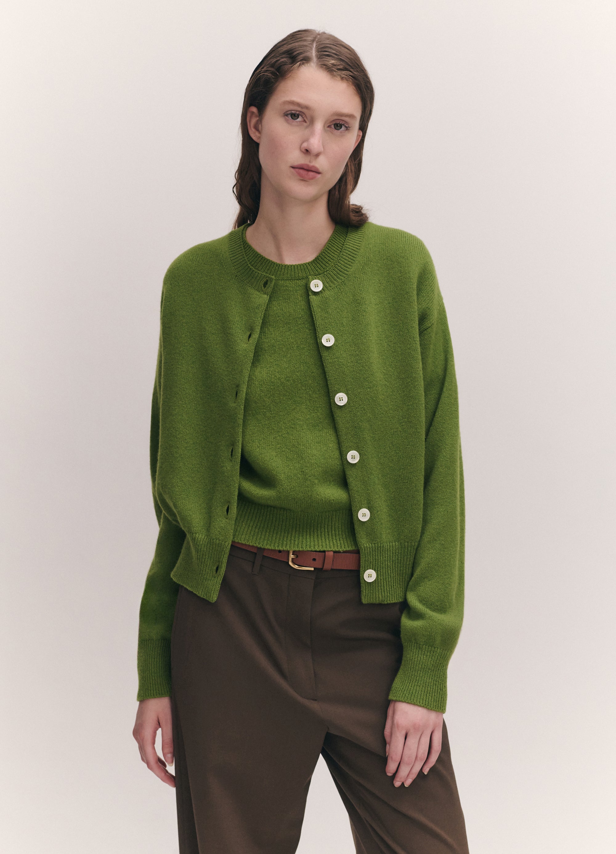 Ada Crewneck Cardigan in Pickle Green – &Daughter