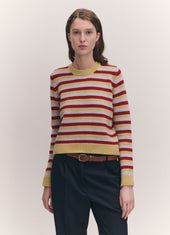 Rosha Shrunken Crewneck in Ruby Red and Dust Blue Stripe