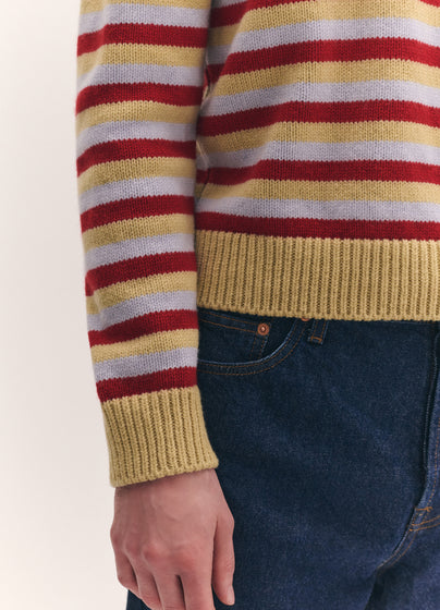 Mens Rosha Shrunken Crewneck in Ruby Red and Dust Blue Stripe