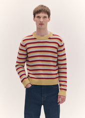 Mens Rosha Shrunken Crewneck in Ruby Red and Dust Blue Stripe