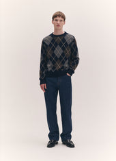 Mens Ava Argyle Crewneck in Navy with Brown