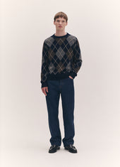 Mens Ava Argyle Crewneck in Navy with Brown