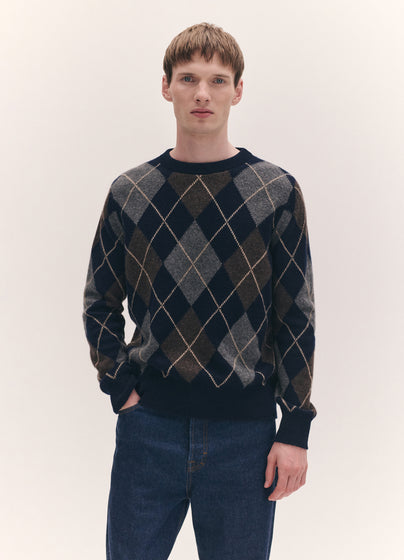 Mens Ava Argyle Crewneck in Navy with Brown