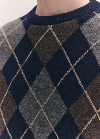 Mens Ava Argyle Crewneck in Navy with Brown