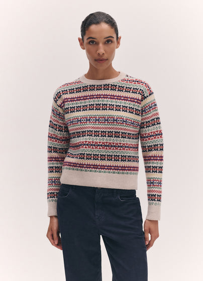 Fairisle Shrunken Crewneck in Ecru Multi
