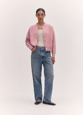 Ada Crewneck Cardigan in Pink and Oatmeal Mouline