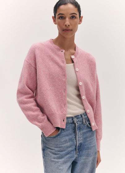 Ada Mouline Crewneck Cardigan in Pink and Oatmeal