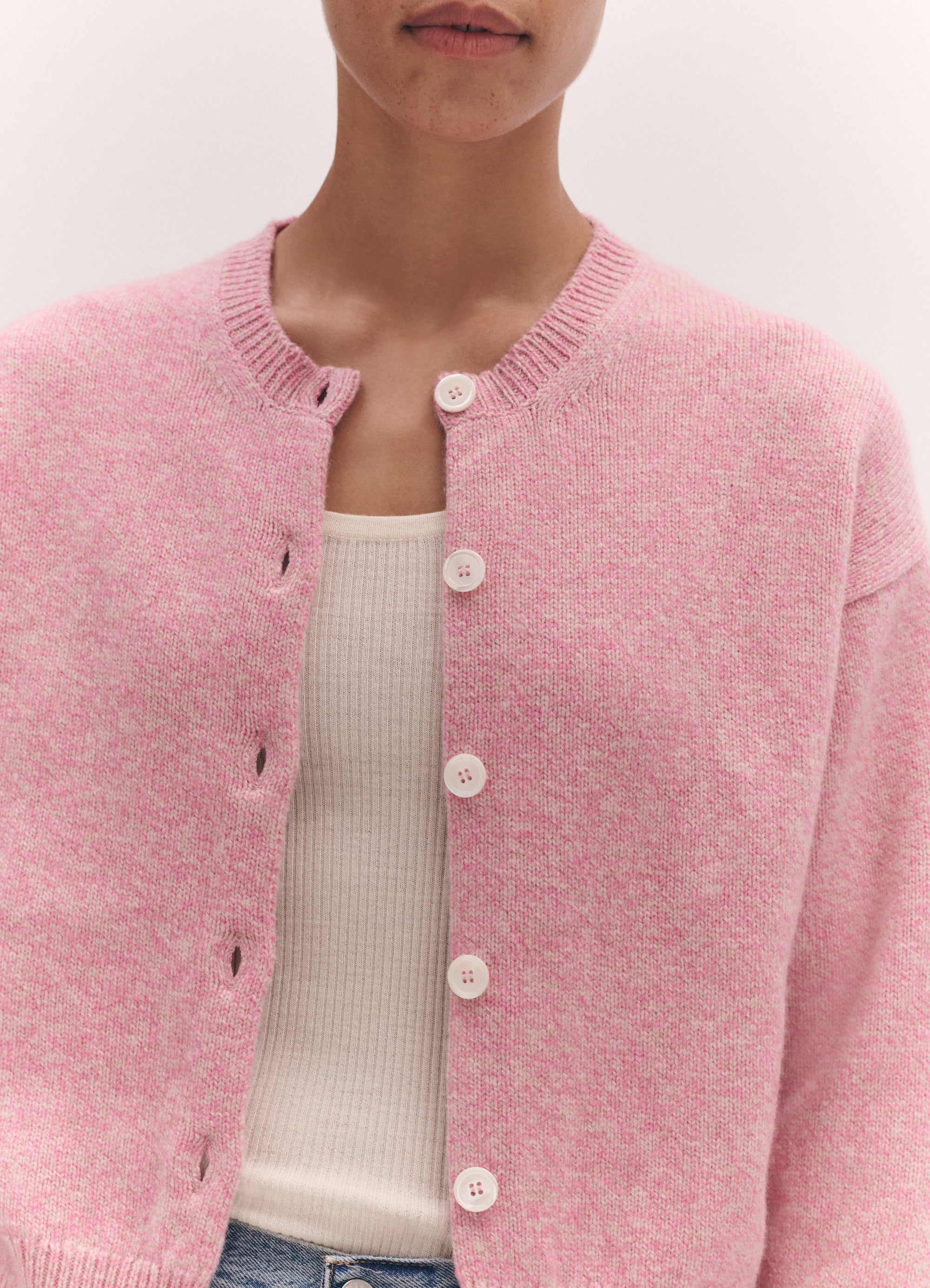 Ada Mouline Crewneck Cardigan in Pink and Oatmeal – &Daughter