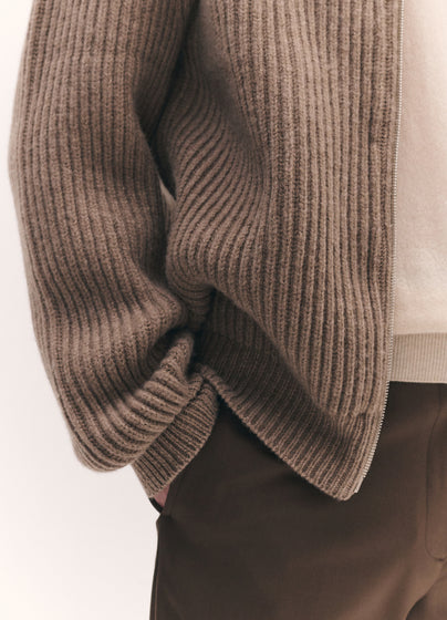 Mens Rea Rib Zip Jacket in Dark Natural