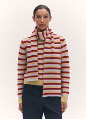 Striped Cashmere Scarf in Ruby Red and Dust Blue Stripe