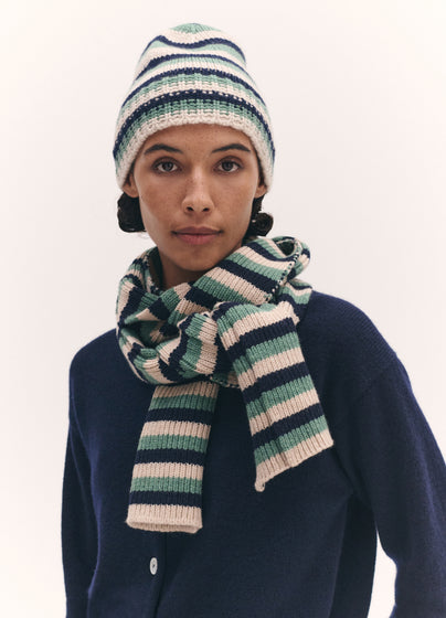 Rib Trim Cashmere Hat in Strath and Oatmeal Stripe
