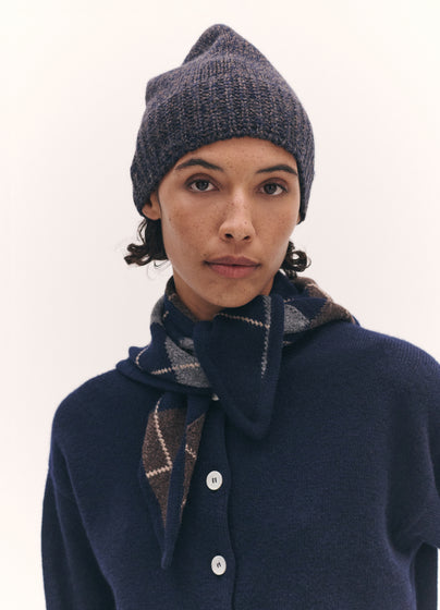 Rib Trim Cashmere Hat in Navy and Brown Mouline