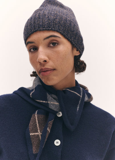 Rib Trim Cashmere Hat in Navy and Brown Mouline