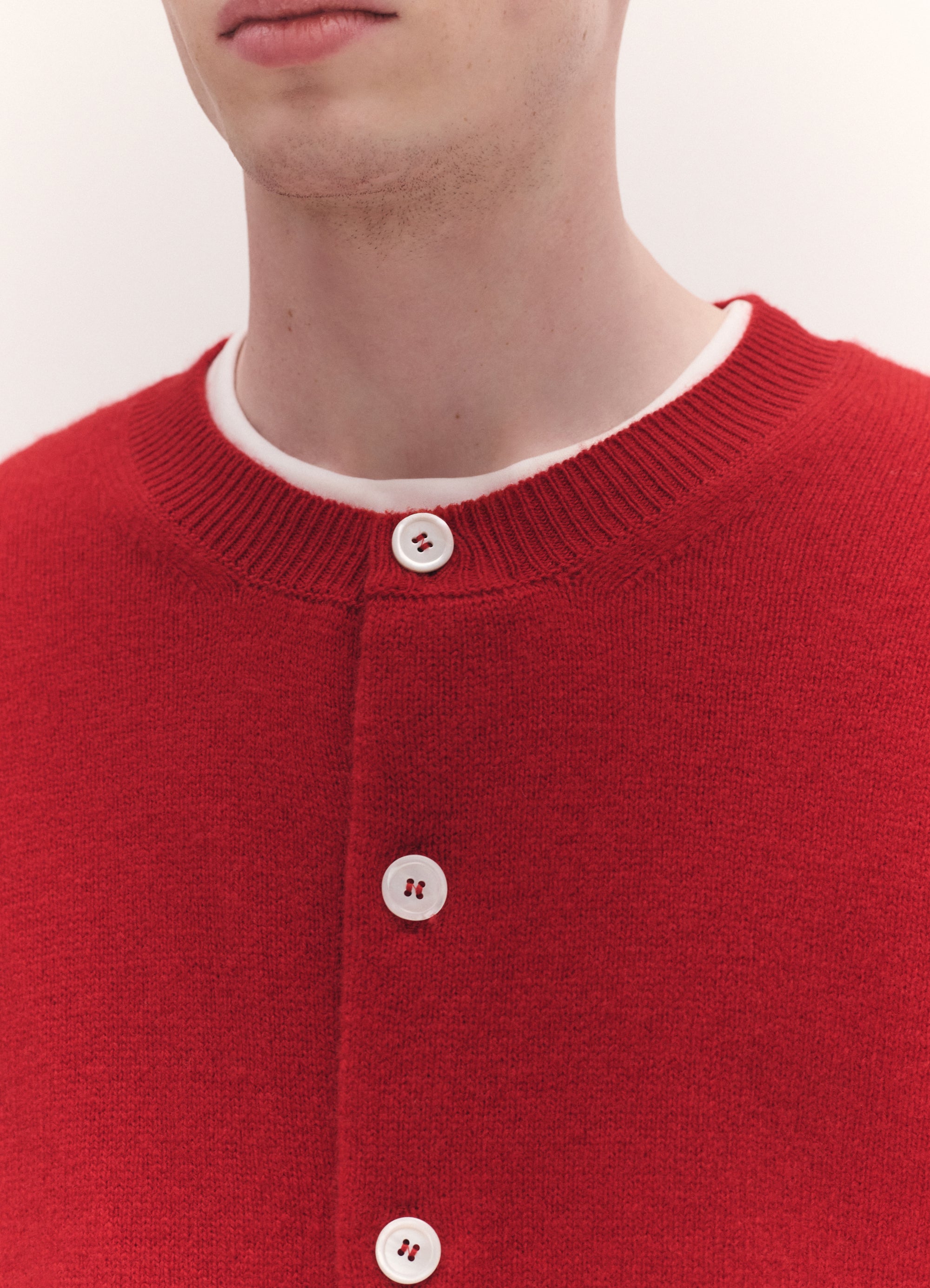 Mens Ada Crewneck Cardigan in Ruby Red – &Daughter