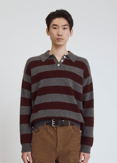 Mens Edith Stripe Polo Shirt in Derby Grey & Burgundy