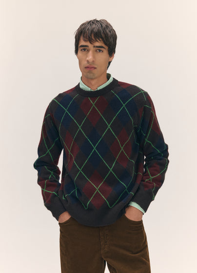 Mens Ava Argyle Crewneck in Dark Brown Multi