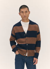 Mens Sora V Cardigan in Navy & Hazelnut Stripe