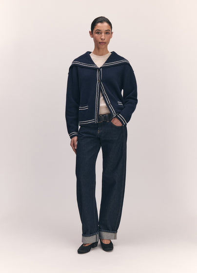 Saoirse Sailor Cardigan in Navy with White Stripes