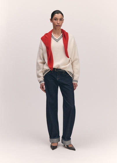 Balla Slouch V-Neck in White with Navy Stripe