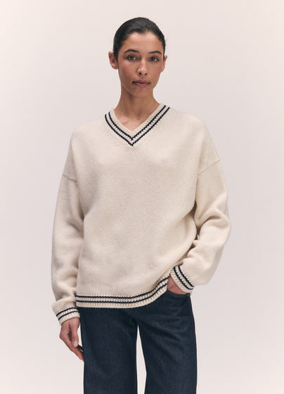 Balla Slouch V-Neck in White with Navy Stripe