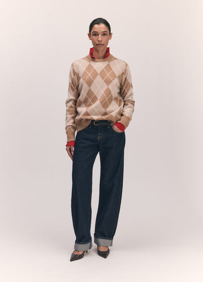 Ava Argyle Crewneck in Camel with Oat