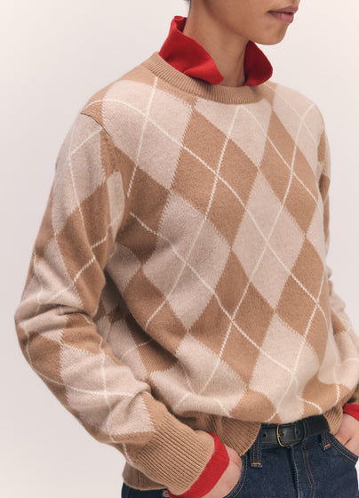 Ava Argyle Crewneck in Camel with Oat