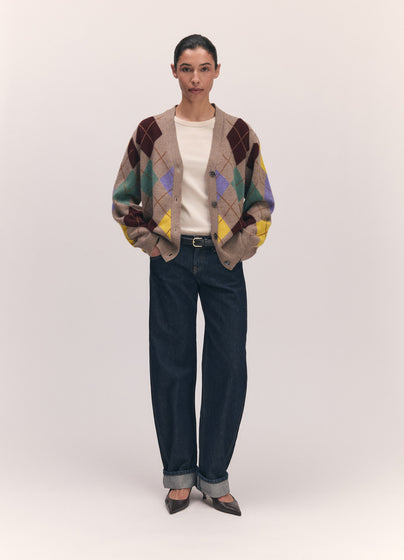 Ava Argyle Cardigan in Dark Natural with Yellow