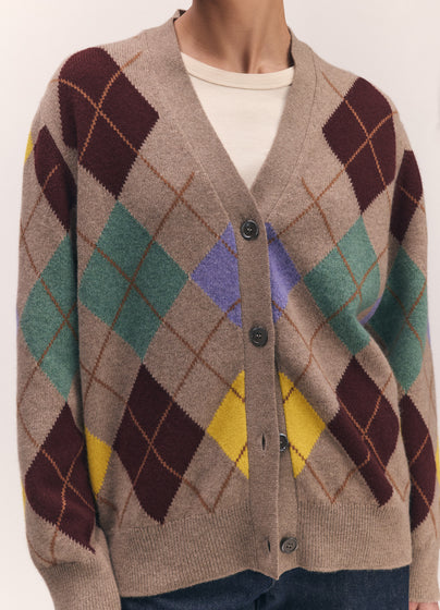 Ava Argyle Cardigan in Dark Natural with Yellow