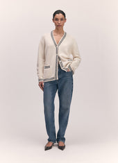 Clodagh V-Neck Cardigan in White with Navy Stripe Trim