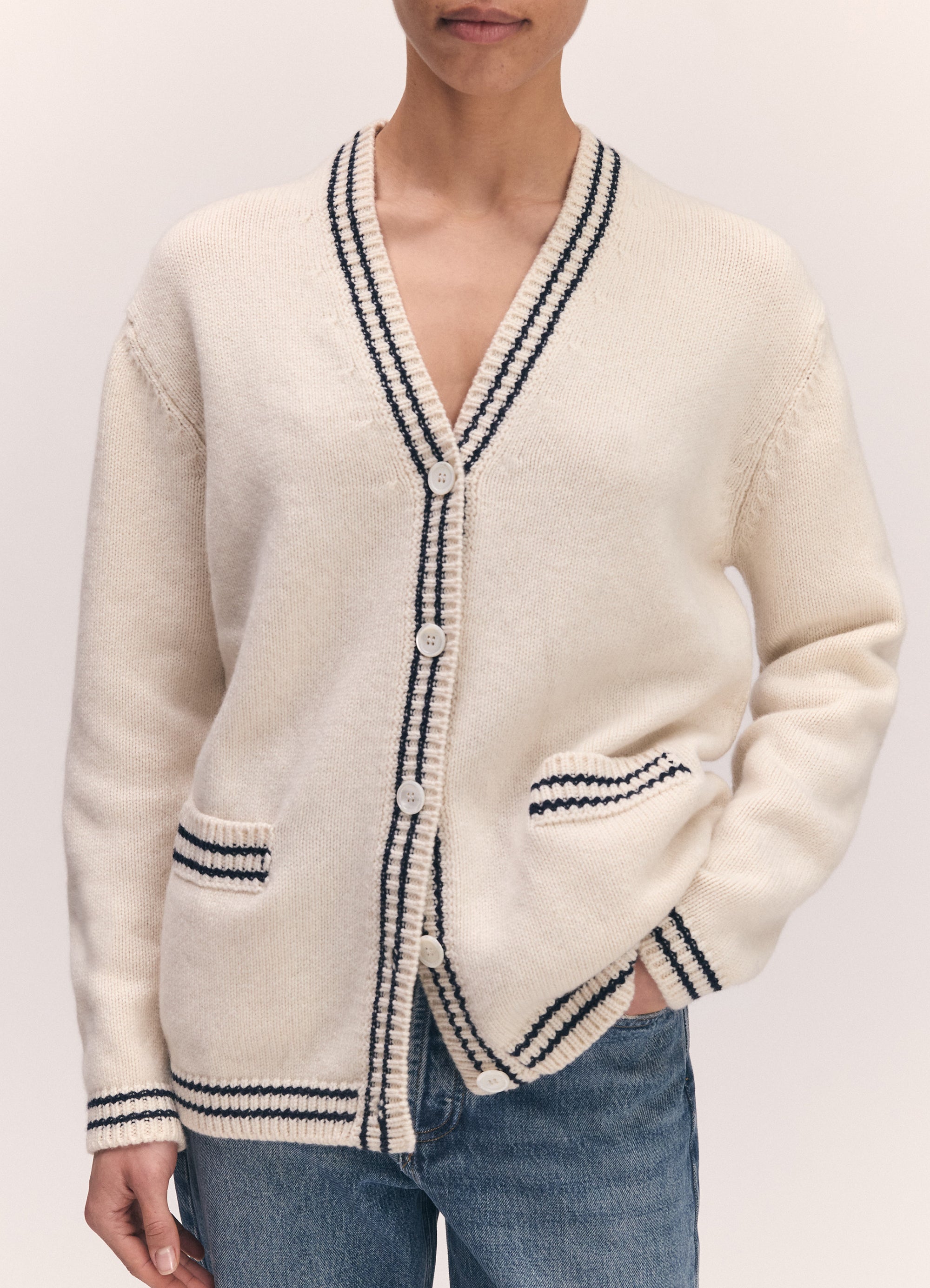 Clodagh V-Neck Cardigan in White with Navy Stripe Trim – &Daughter