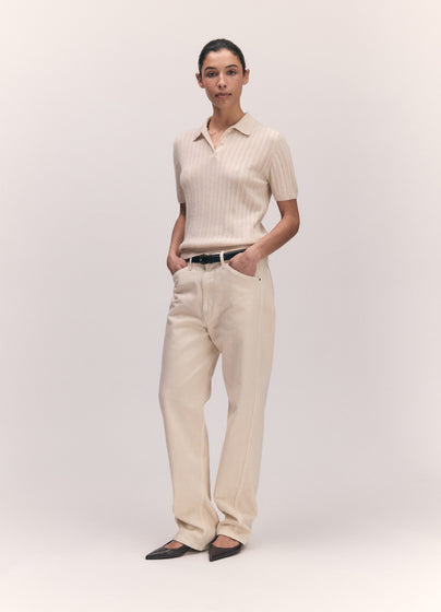 Mhairi Pointelle Polo Shirt in Ecru