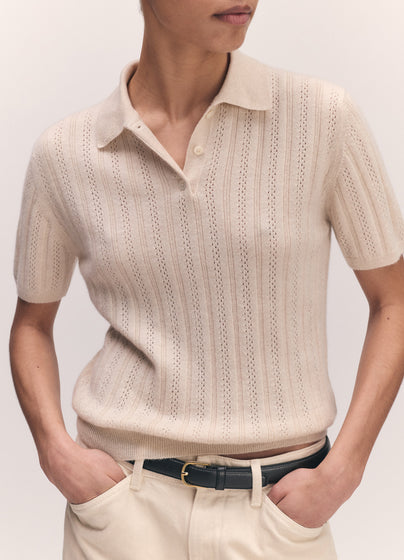 Mhairi Pointelle Polo Shirt in Ecru