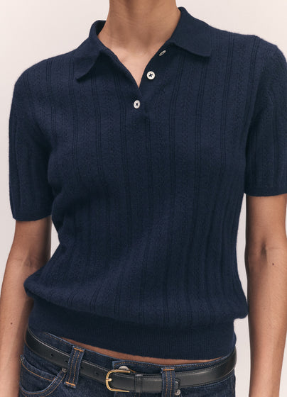 Mhairi Pointelle Polo Shirt in Navy