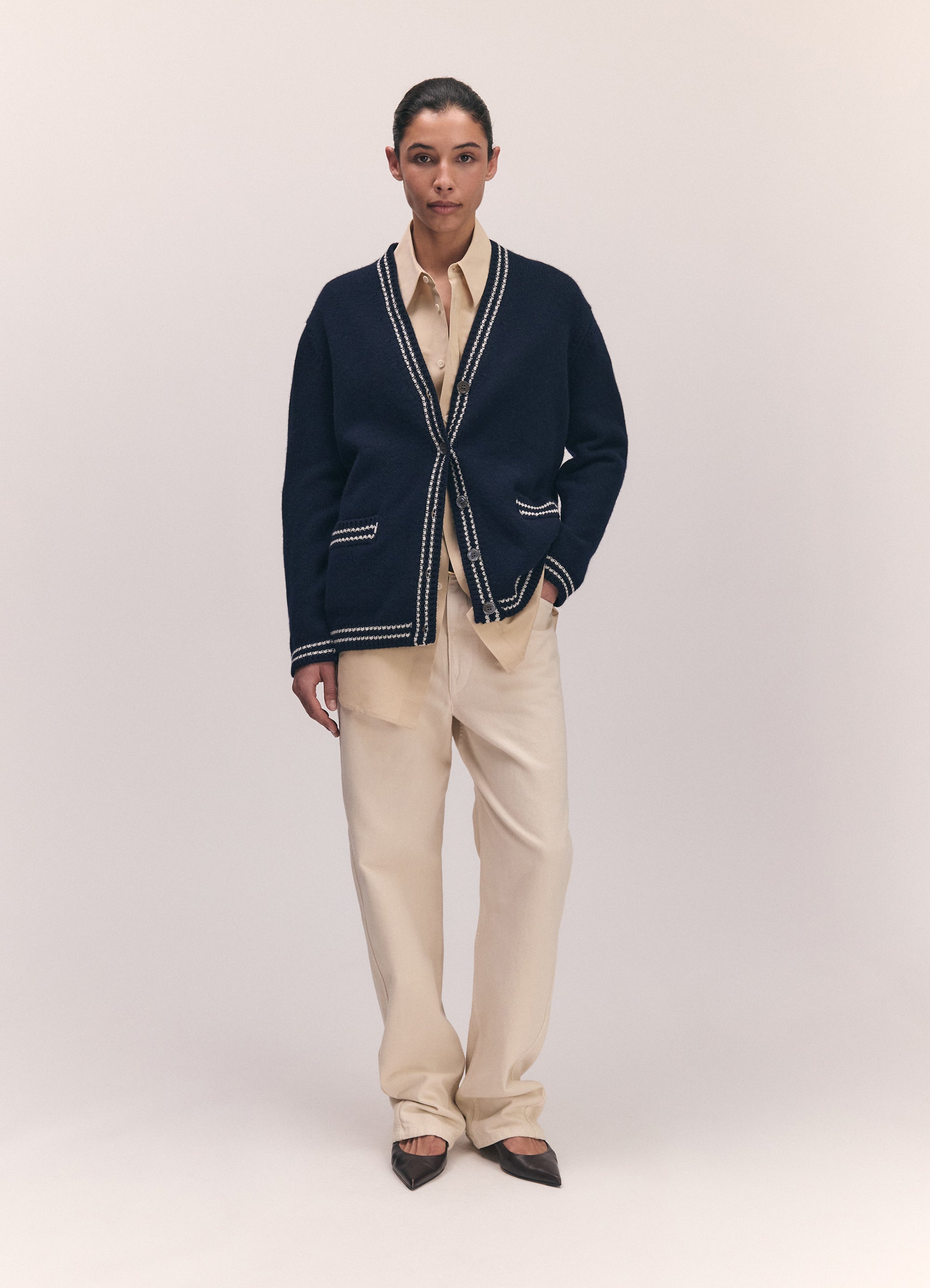 Clodagh V Neck Cardigan Navy Stripe Trim
