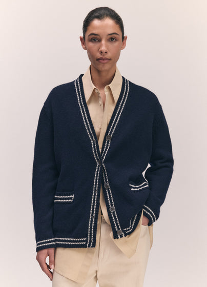 Clodagh V-Neck Cardigan in Navy with White Stripe Trim